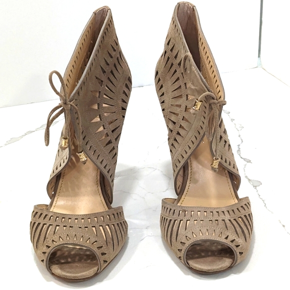 Ivanka Trump Delfino suede leather high Heels front tie Tan stiletto shoes sz 10 - Picture 4 of 14